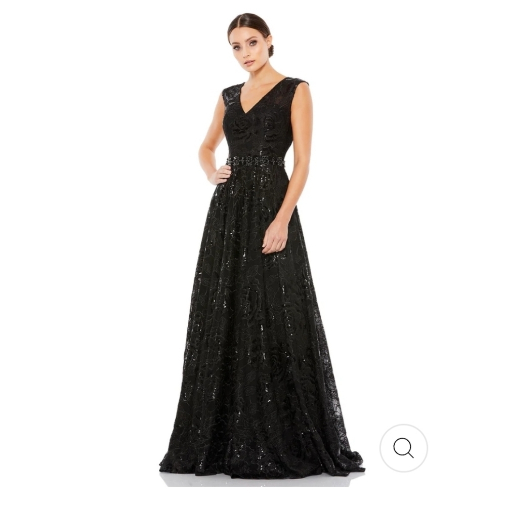 Mac Duggal 12413 Black Floral Embroidered Cap Sleeve A Line Dress